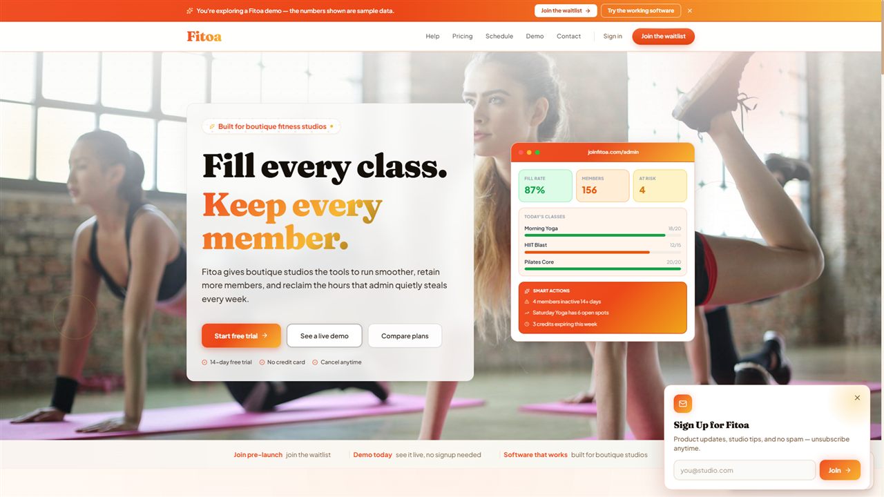 Fitoa landing page: fill every class, keep every member