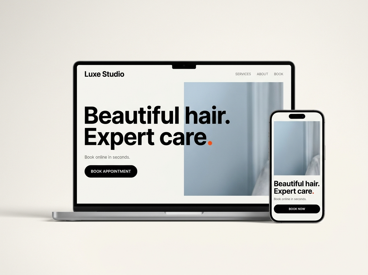 Laptop and phone showing a sample salon website: Luxe Studio, Beautiful hair. Expert care., with a Book Appointment button