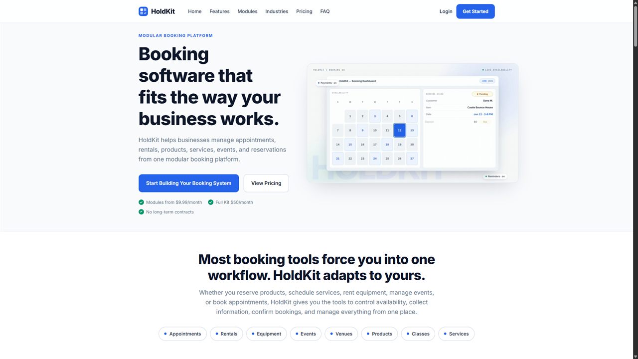 HoldKit landing page: booking software that fits the way your business works