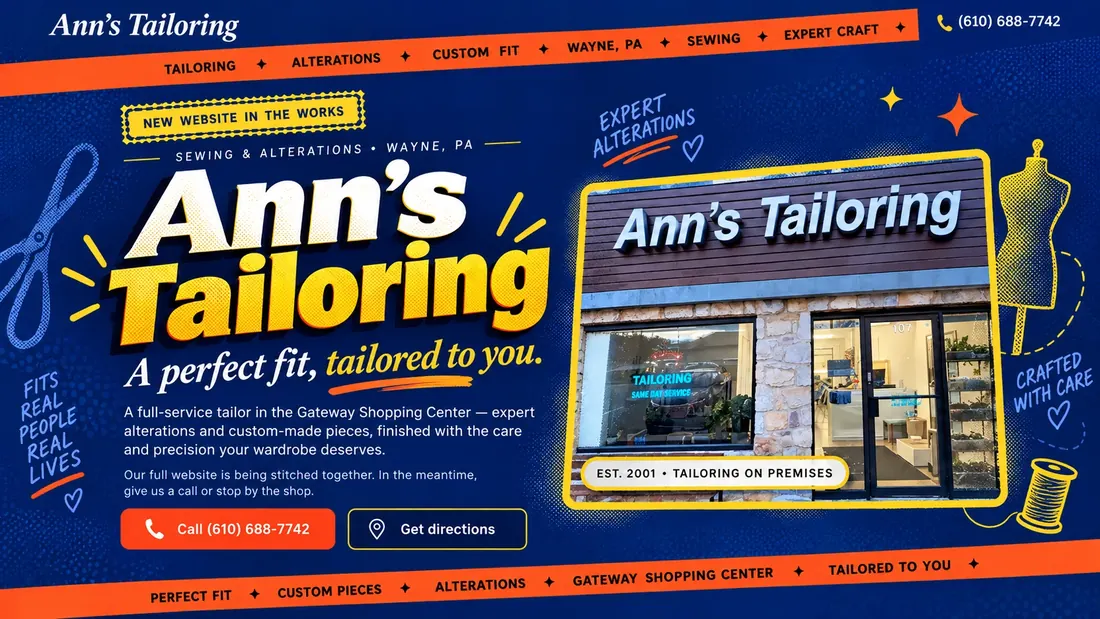 The Ann's Tailoring homepage, restyled in navy and orange: a tailor in Wayne, PA