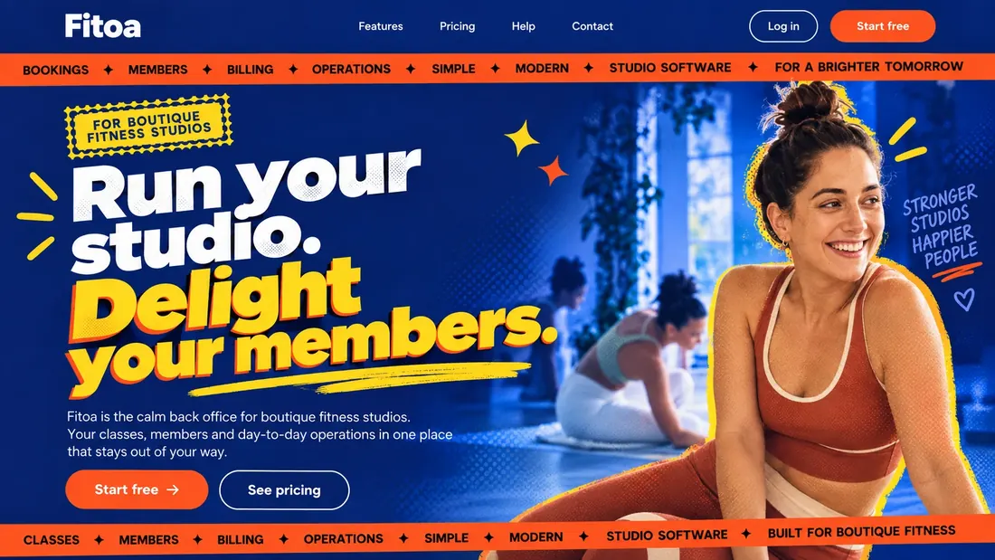 The Fitoa homepage, restyled in navy and orange: software for boutique fitness studios