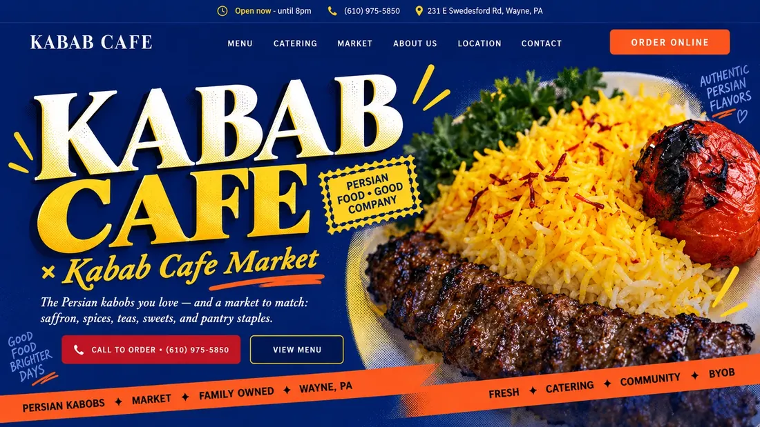 The Kabab Cafe homepage, restyled in navy and orange: a family-run Persian kitchen and market in Wayne, PA