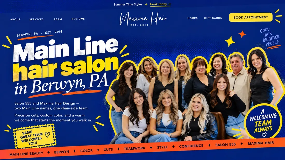 The Maxima Hair at 555 homepage, restyled in navy and orange: a Main Line hair salon in Berwyn, PA